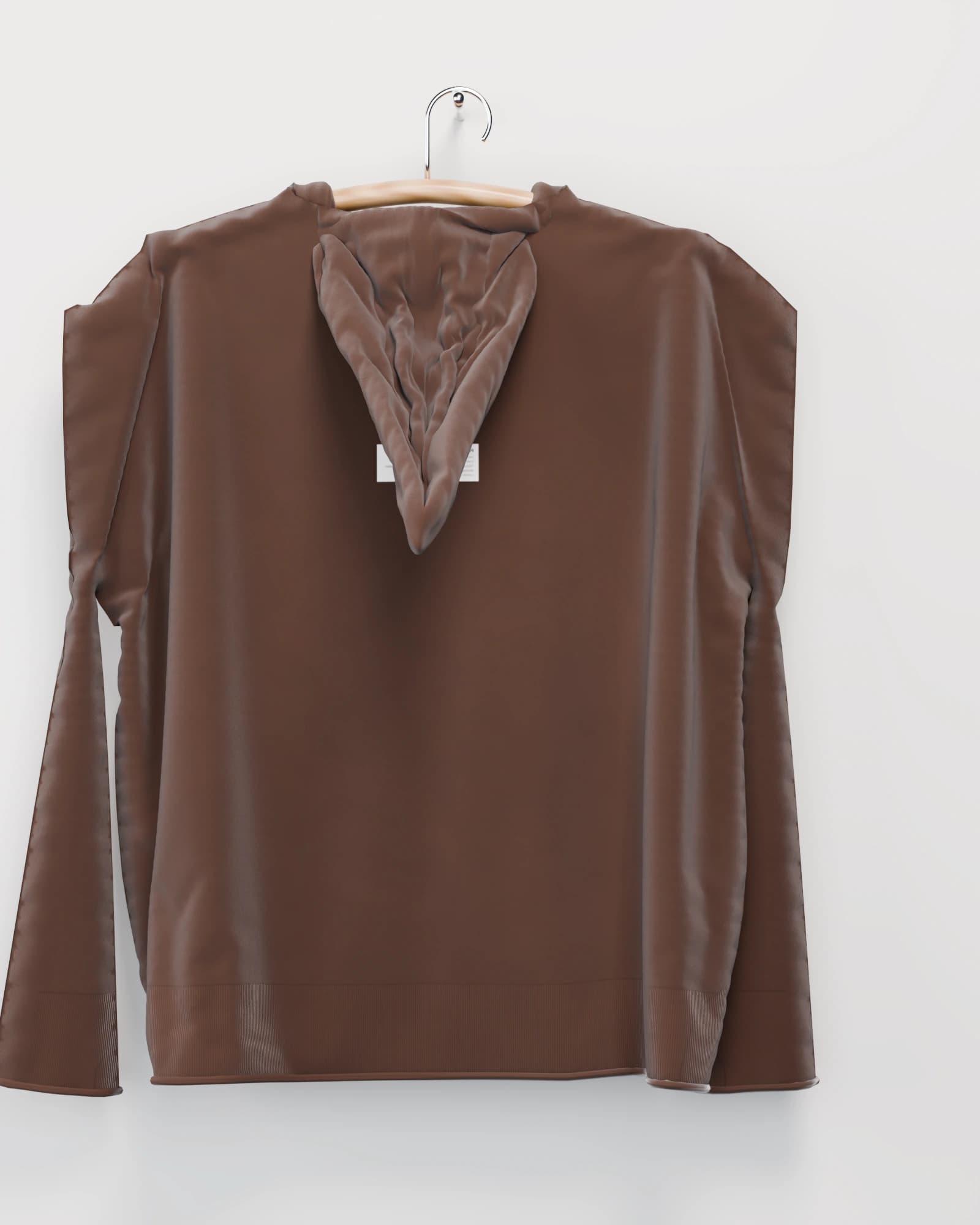Polerón con capucha color chocolate vista por detrás, la espalda con la capucha caída y la etiqueta de inventario de la obra estampada