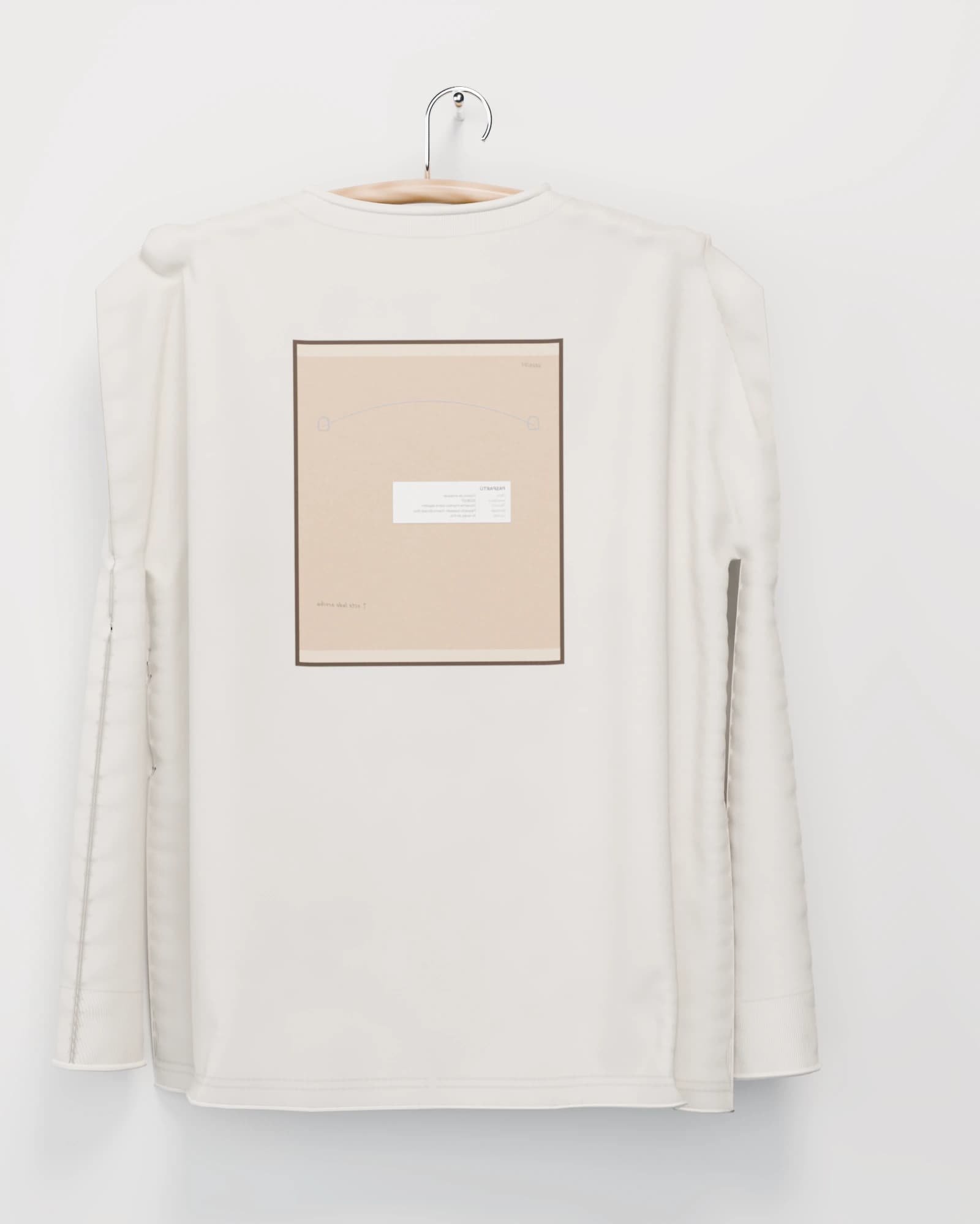 Polera manga larga color hueso vista por detrás, la espalda con el reverso de la obra estampado: el respaldo de papel kraft con su alambre y su etiqueta de inventario