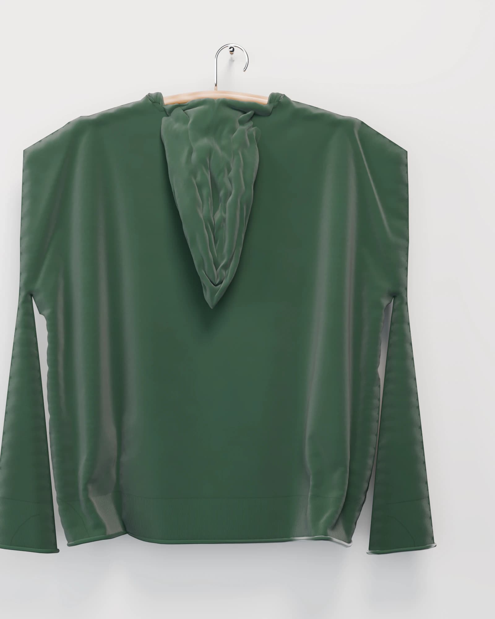 Polerón con capucha color verde cancha vista por detrás, la espalda con la capucha caída y la etiqueta de inventario de la obra estampada