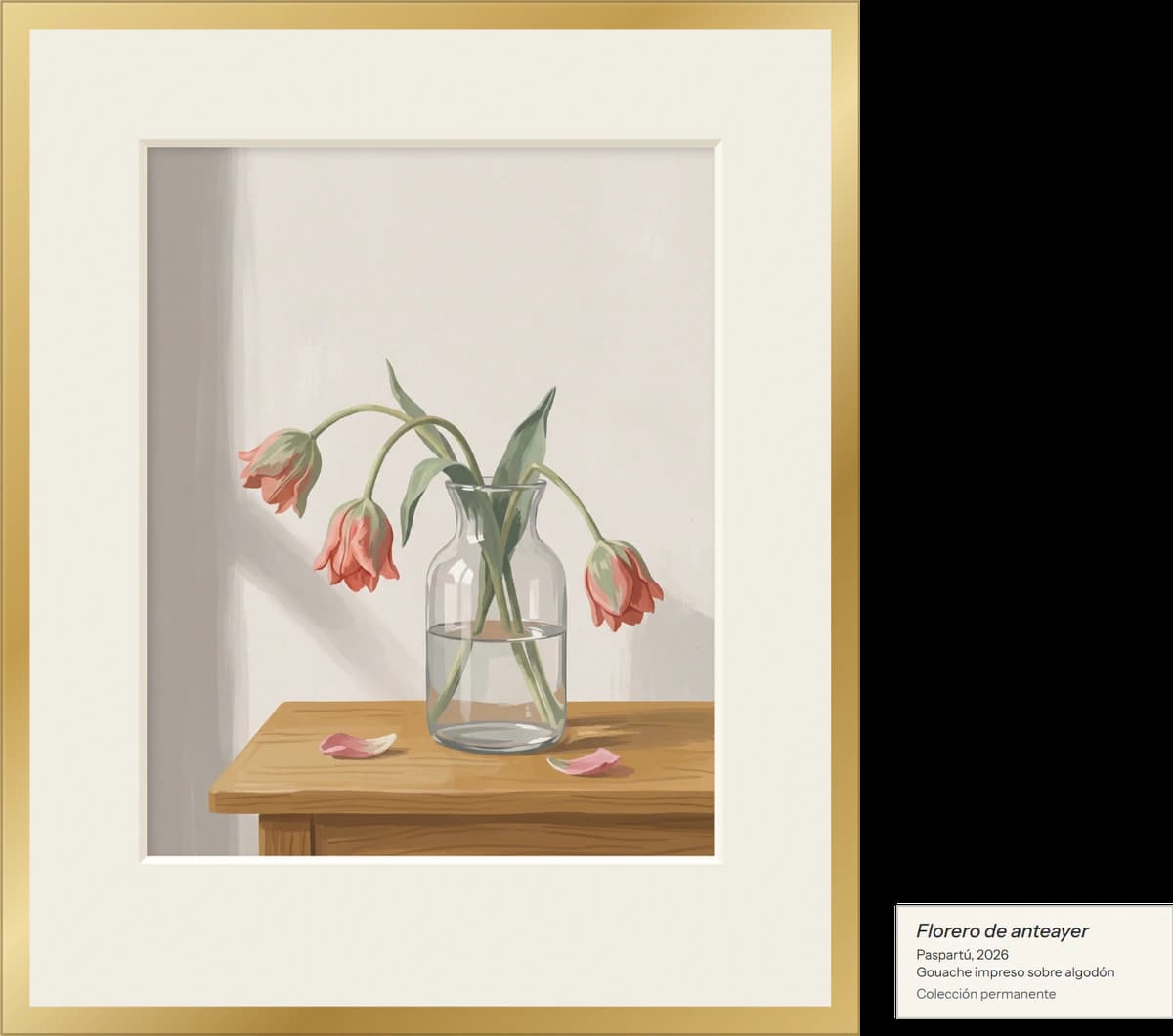 La lámina: tres tulipanes marchitos en un florero de vidrio, en marco dorado fino