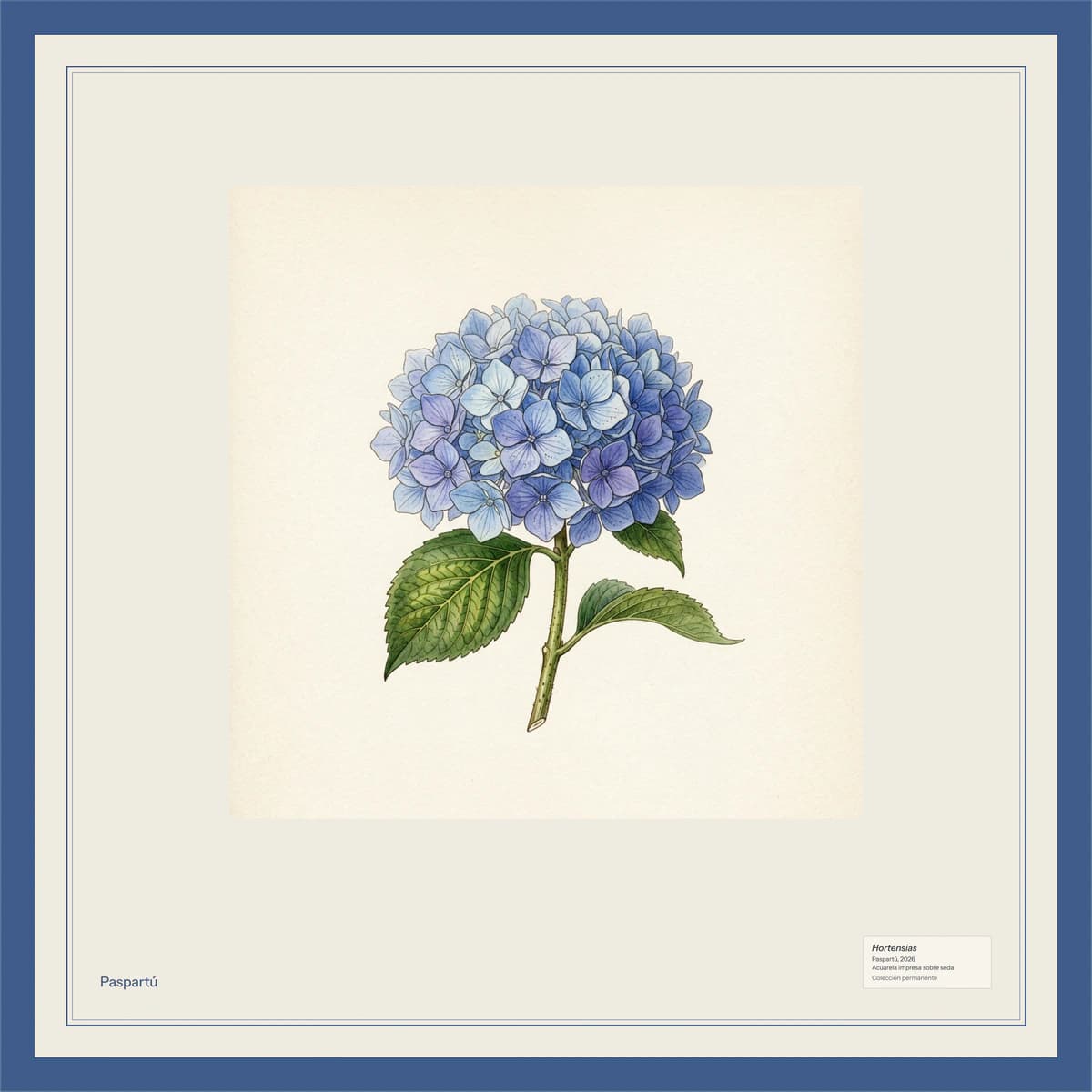 La lámina: un pañuelo cuadrado con una hortensia azul pintada como lámina botánica, un borde azul y su cartela en la esquina