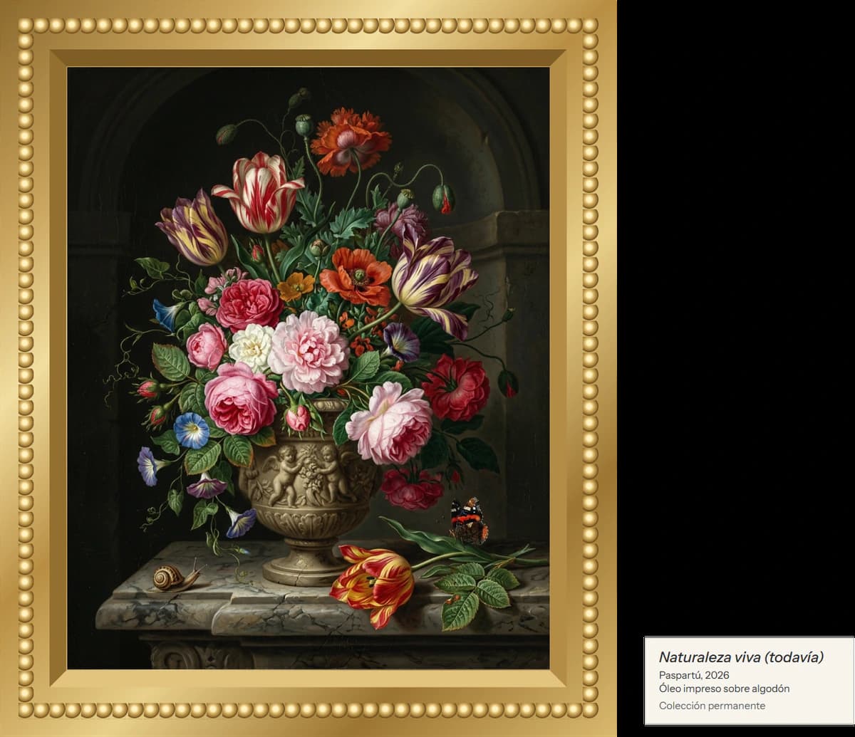 La lámina: un ramo de flores sobre fondo oscuro a la manera holandesa, en un marco dorado tallado